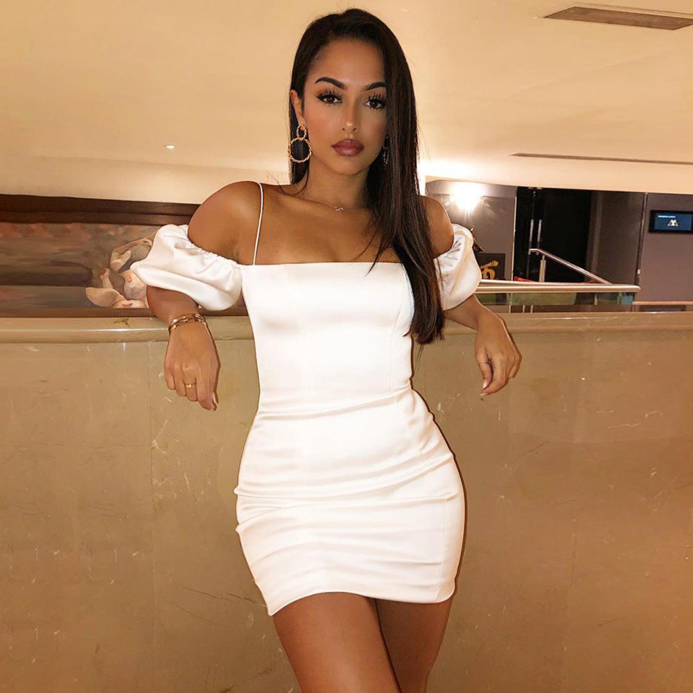 Rose Satin Bardot Puff Sleeve Bodycon Dress