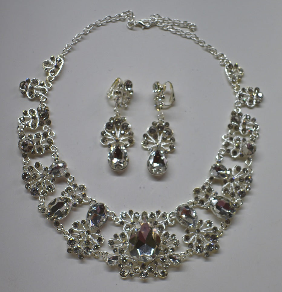 Crystal Glass Geometric Cluster Bridal Necklace & Earring Set — Silver