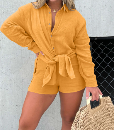 Satin V-Neck Belted Wrap Shorts Playsuit