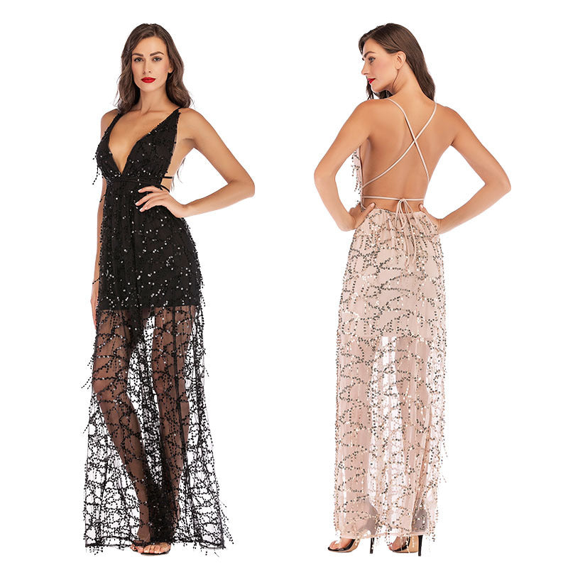 Sequined Deep V Neck Backless Maxi Dress with Fringe