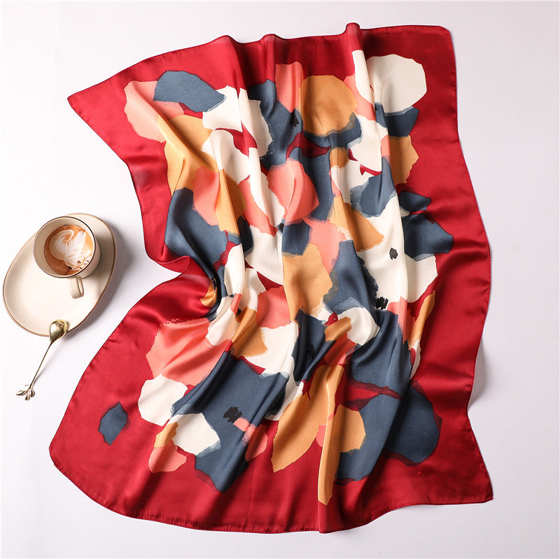Abstract Floral Satin Silk Scarf — 70cm