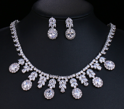 Zirconia Floral Leaf Bridal Necklace & Earring Set — Ruby, Diamond & Rose Gold