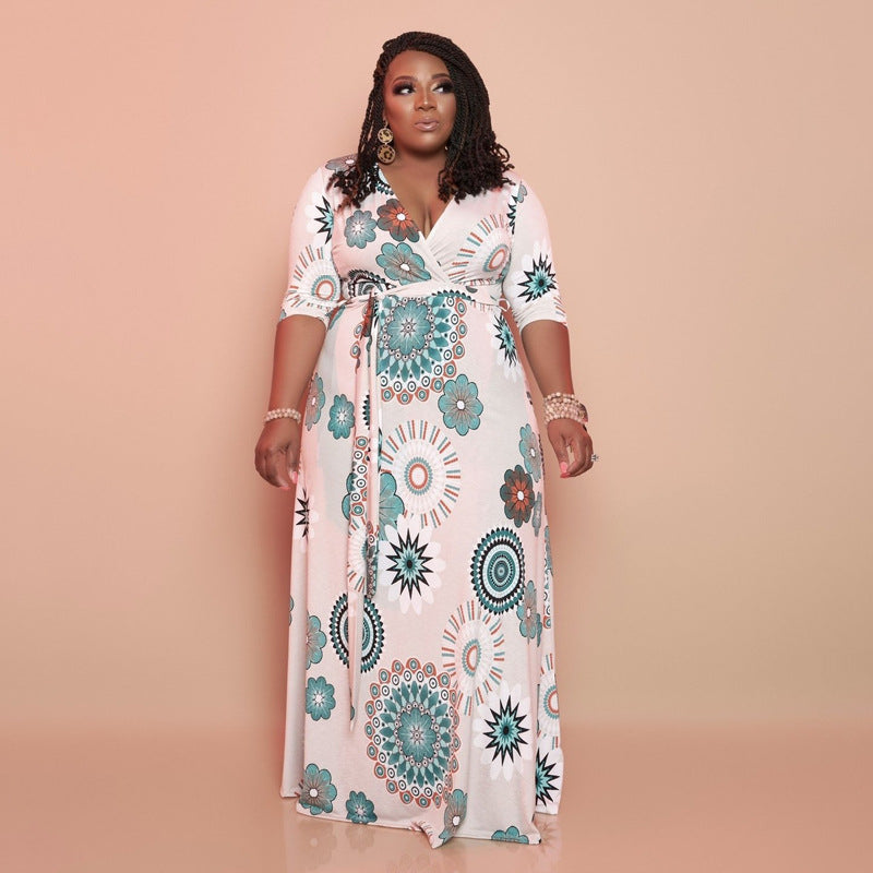 Elegant Plus Size Mandala Print Maxi Dress with Belt