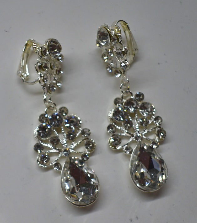Crystal Glass Geometric Cluster Bridal Necklace & Earring Set — Silver