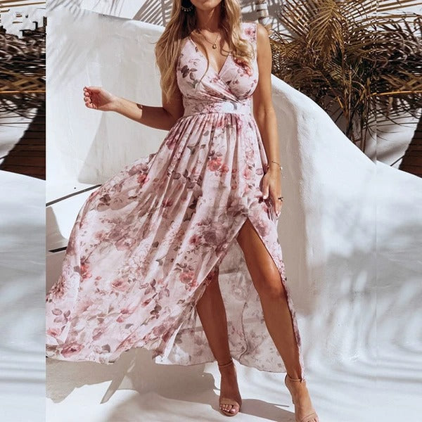 Printed Chiffon Split Skirt Sleeveless V-Neck Dress