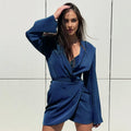 Satin Wrap Mini Dress with Long Sleeves — Sapphire Blue