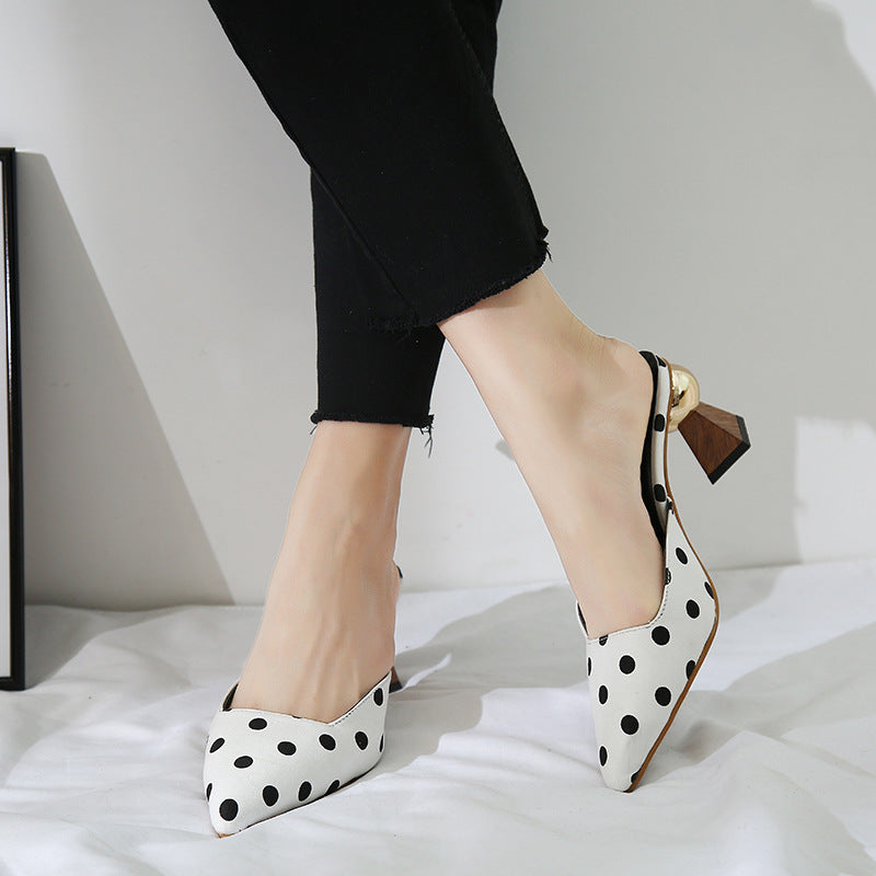 Polka Dot Pointed Toe Slingback Mule Heels