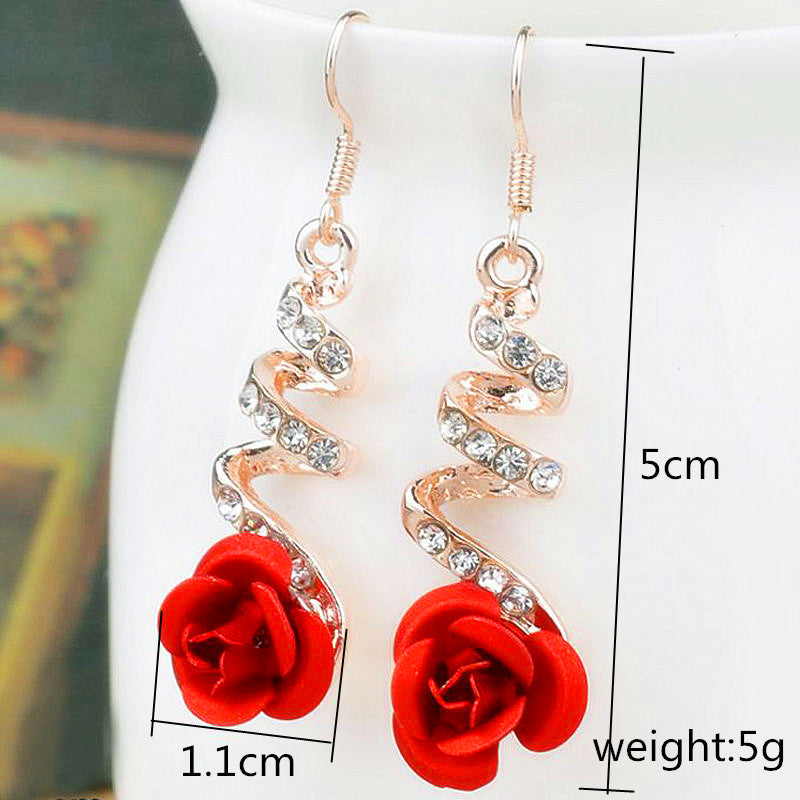 Gold & Red Rose Drop Earrings — Crystal Pavé Stem