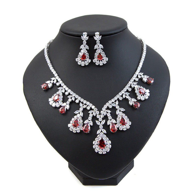 Zirconia Floral Leaf Bridal Necklace & Earring Set — Ruby, Diamond & Rose Gold