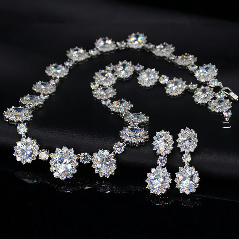 AAA Zirconia Oval Halo Drop Necklace & Earring Set
