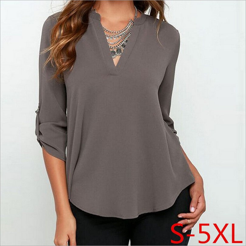 Plus Size  V-Neck Long Sleeve Chiffon Shirt