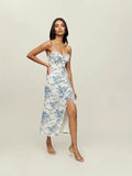 Floral Print Ruched Drawstring Slip Mini Dress — Blue Porcelain