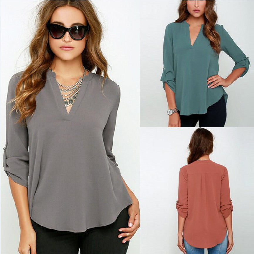 Plus Size  V-Neck Long Sleeve Chiffon Shirt