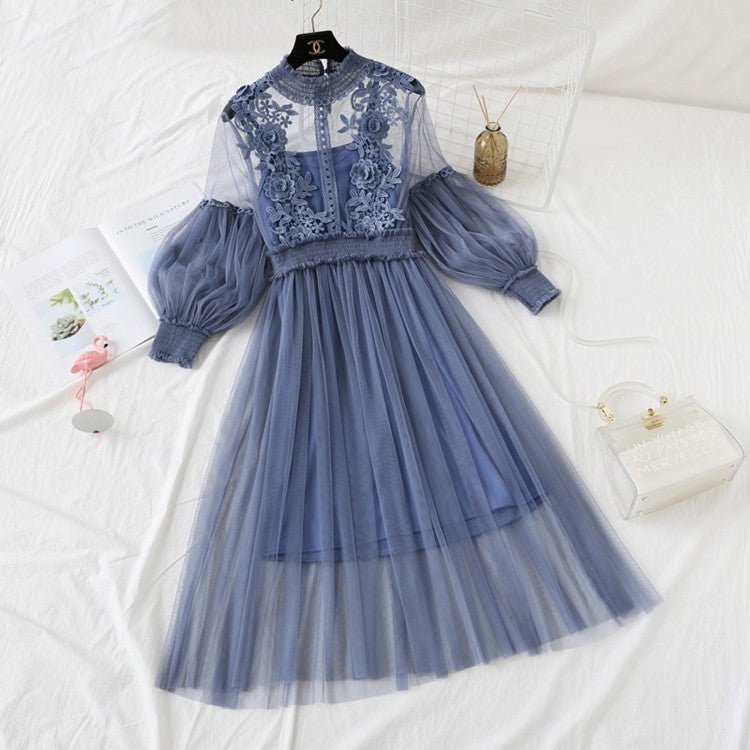 Lace Floral Dress Set with Sheer Lantern Sleeves
