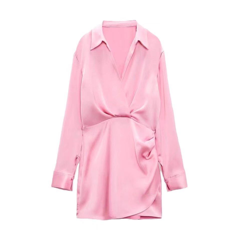 Satin Wrap-Effect Shirt Mini Dress