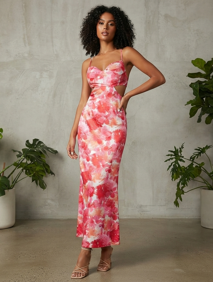 Milumia Floral Ruched Cut-Out Backless Maxi Dress