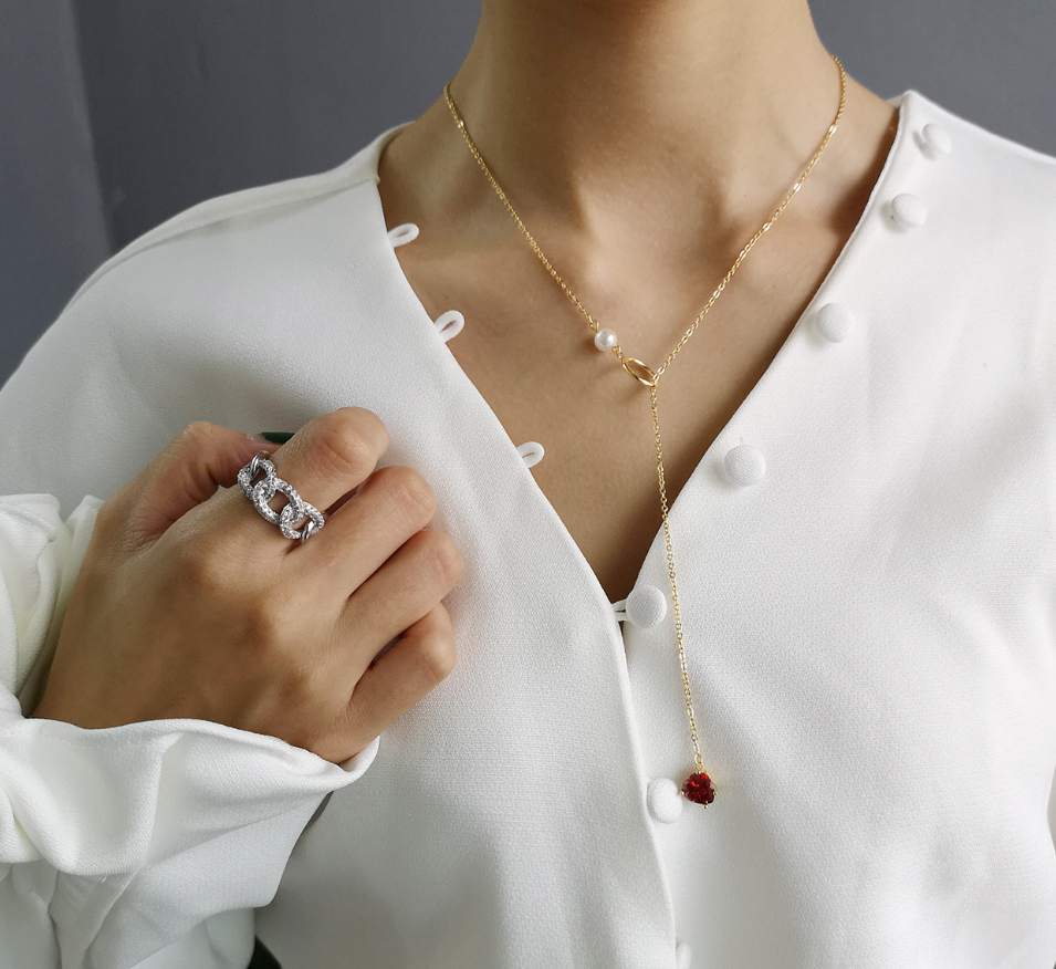 Red Heart & Pearl Lariat Chain Necklace