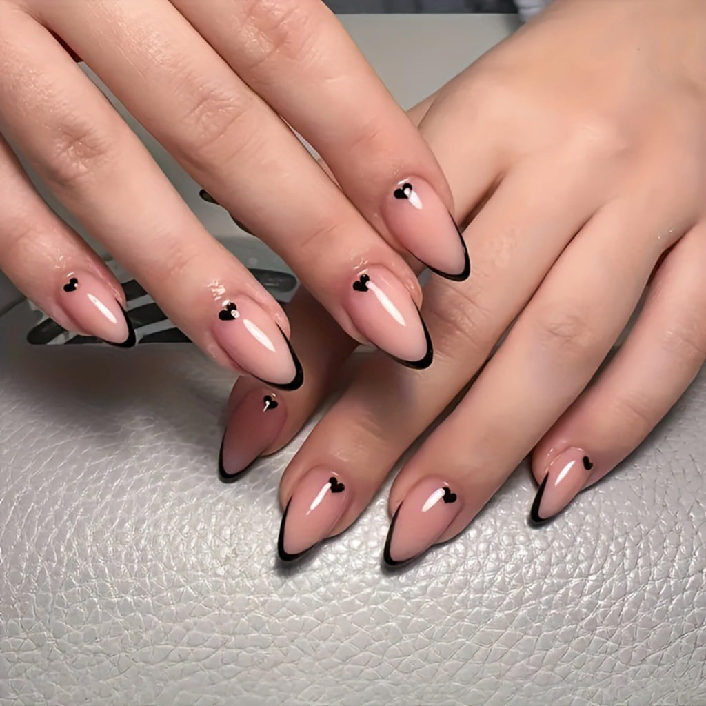 Black French Tip Heart Almond Press-On Nails