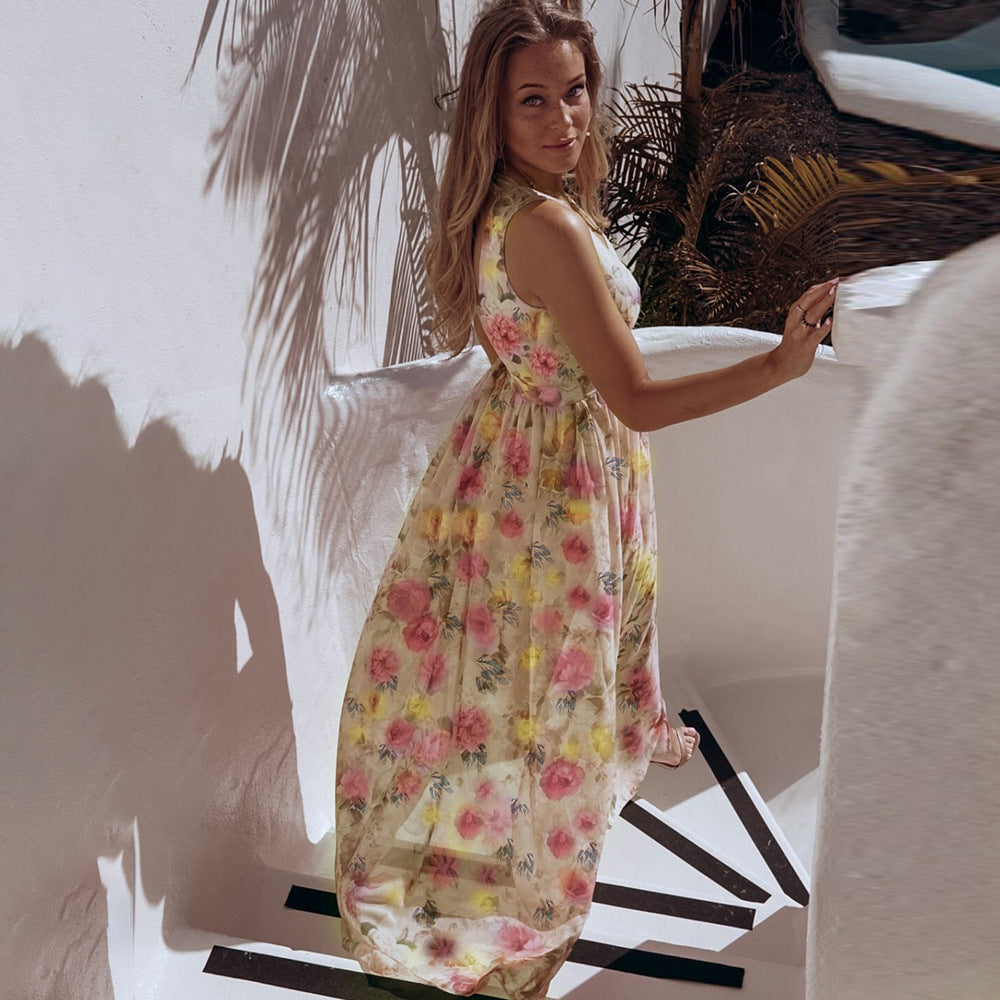 Printed Chiffon Split Skirt Sleeveless V-Neck Dress