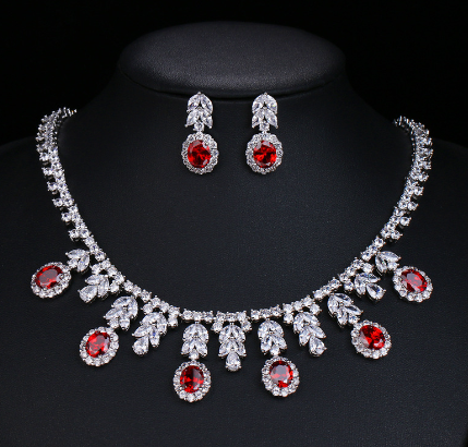 Zirconia Floral Leaf Bridal Necklace & Earring Set — Ruby, Diamond & Rose Gold