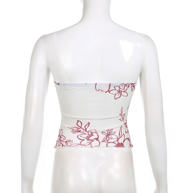 Rose Floral Mesh Lace-Trim V-Neck Cami Top