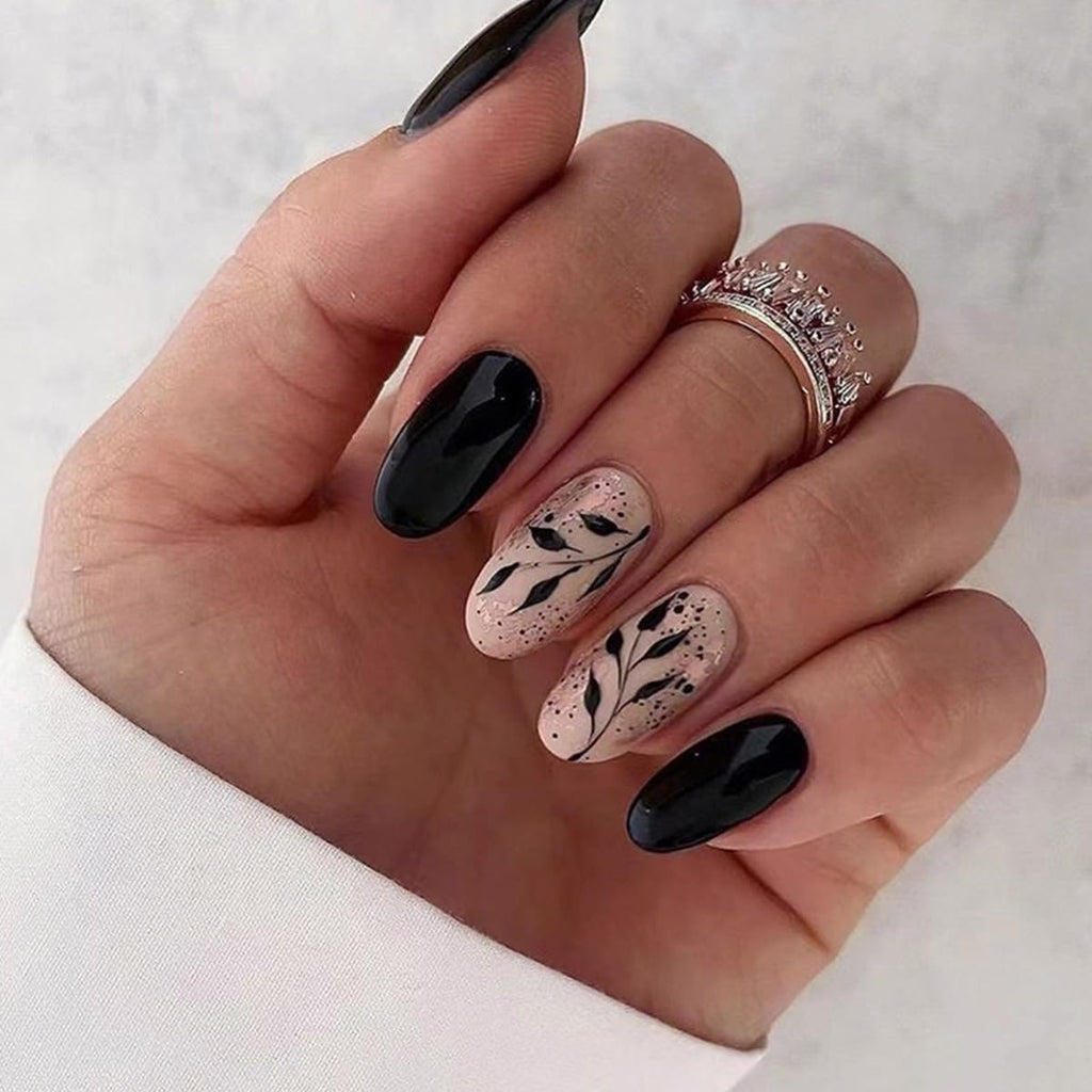 Black & Gold Vine Oval Press-On Nails - 24pcs
