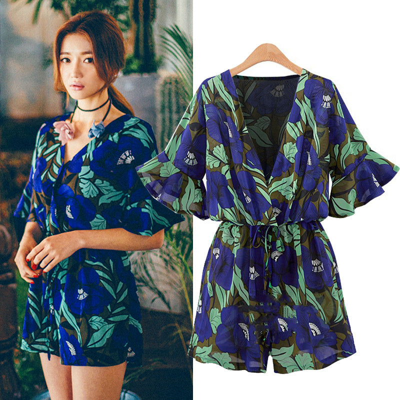 Plus Size V-Neck Floral Chiffon Romper