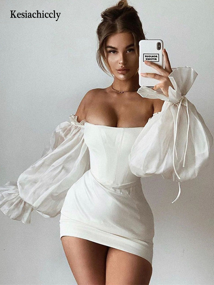 Off-Shoulder Bodycon Dress with Lantern Sleeves