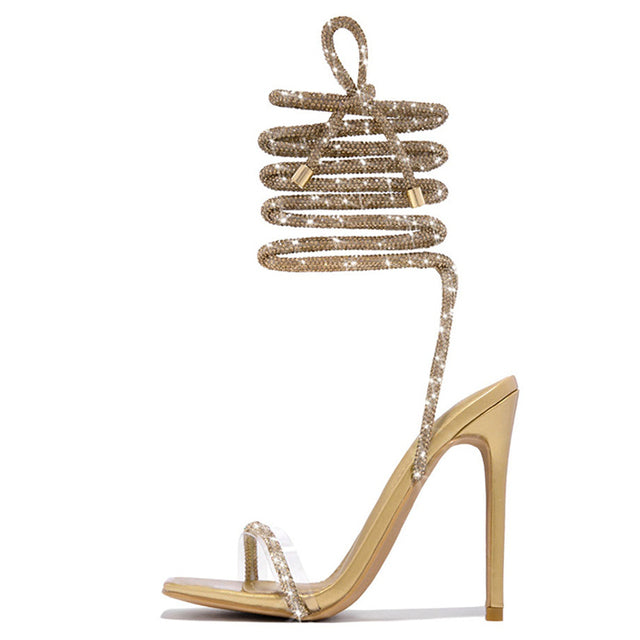 Gold Crystal Ankle Strap Open Toe Heels