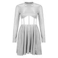 Sheer Panel High Neck Long Sleeve Swing Mini Dress