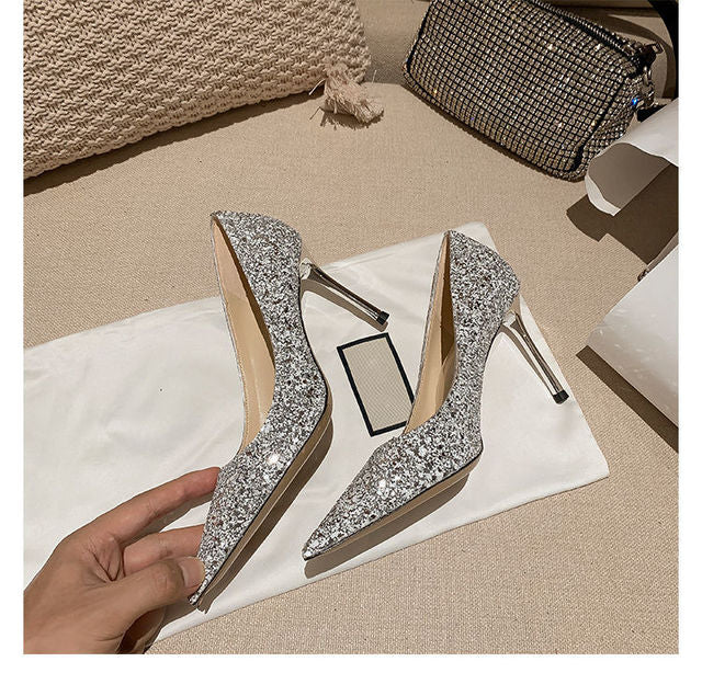 Crystal Sequin Pointed Toe Stiletto Pumps