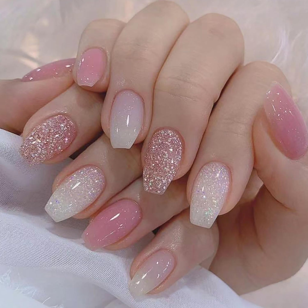 Pink Glitter Acrylic Coffin Nails