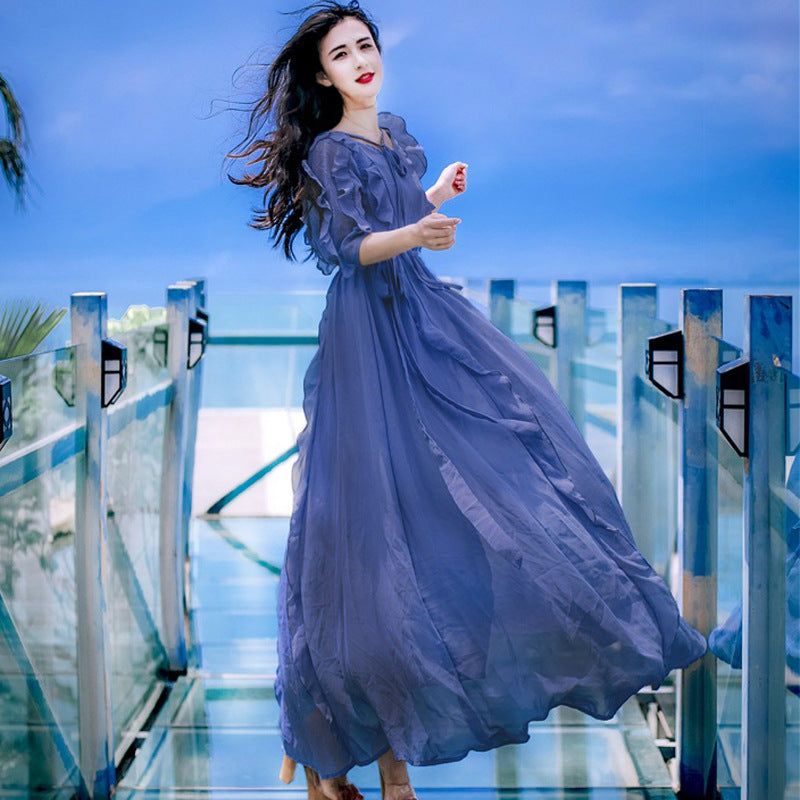 Bohemian Summer V-Neck Ruffled Chiffon Dress
