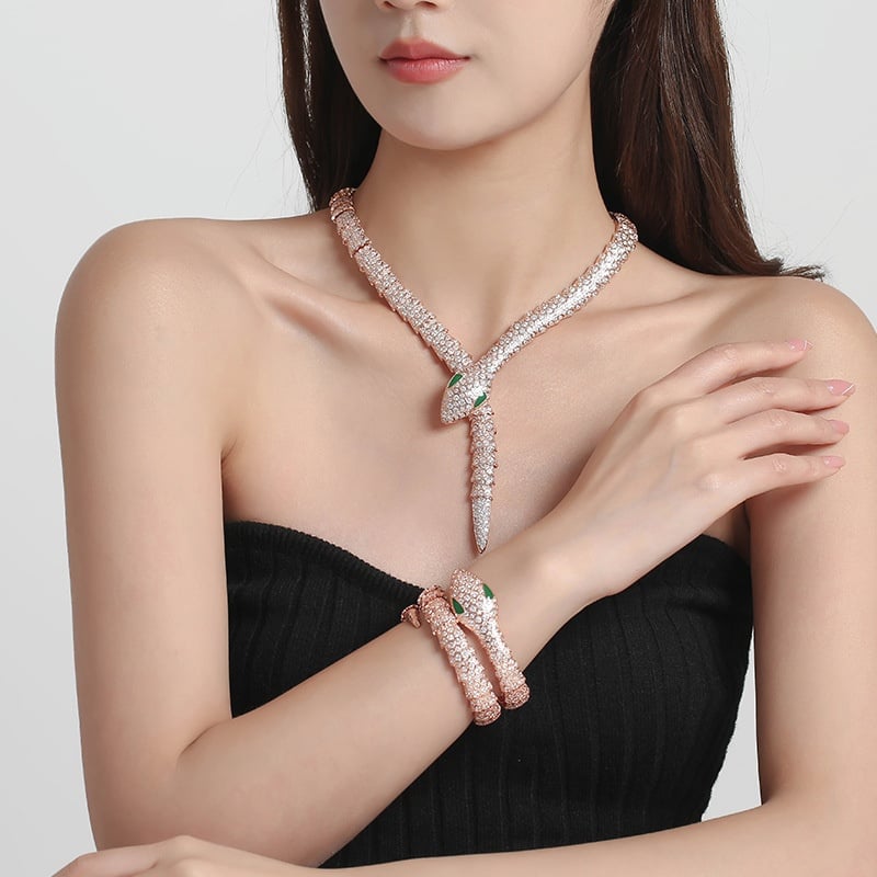 Vintage Green Eyed Snake Bracelet in Zircon Plated Platinum
