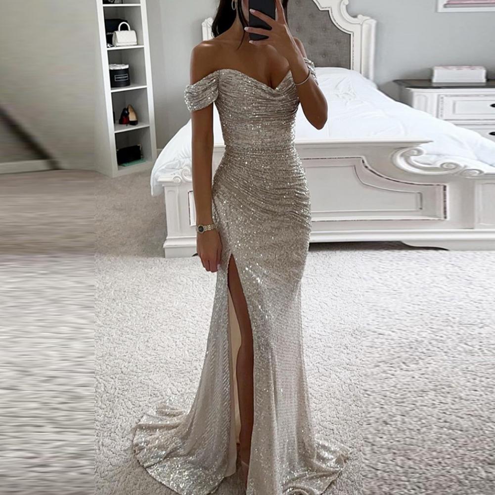 Elegant Off-Shoulder Sequined Maxi Dress