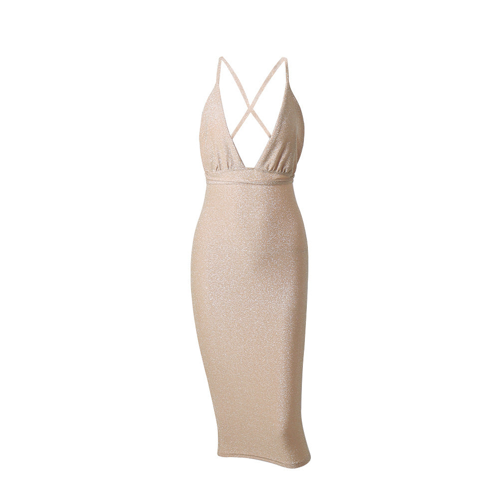 Champagne Gold Silk Chain-Strap Deep V Bodycon Midi Dress