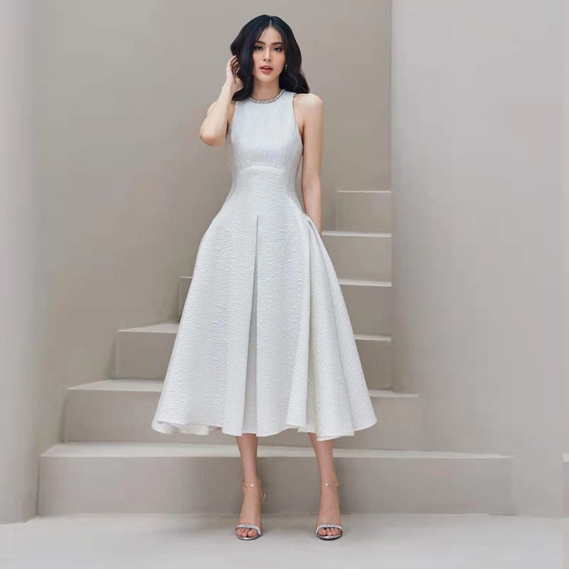 Sleeveless High Neck Fit & Flare Midi Dress — Pale Grey
