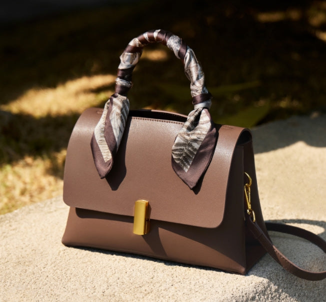 Two-Tone Structured Top Handle Crossbody Bag with Scarf Detail — Tan & Ivory