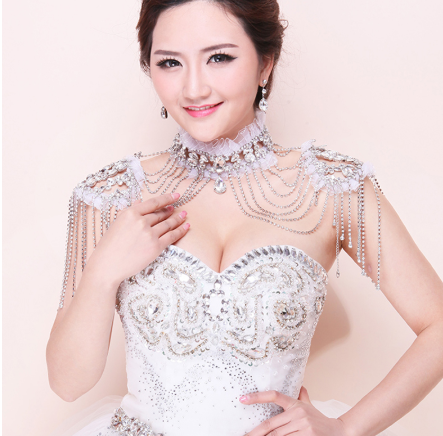 Crystal Drape Bridal Shoulder Chain Set — Rhinestone & Lace