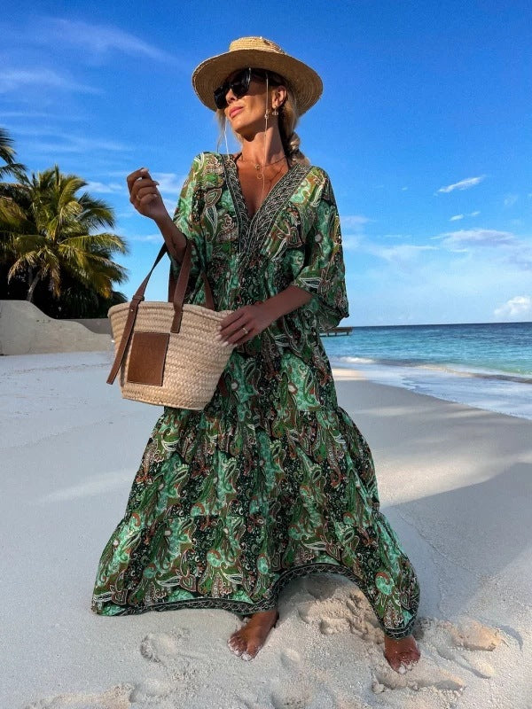 Bohemian Style V-Neck Floral Maxi Dress