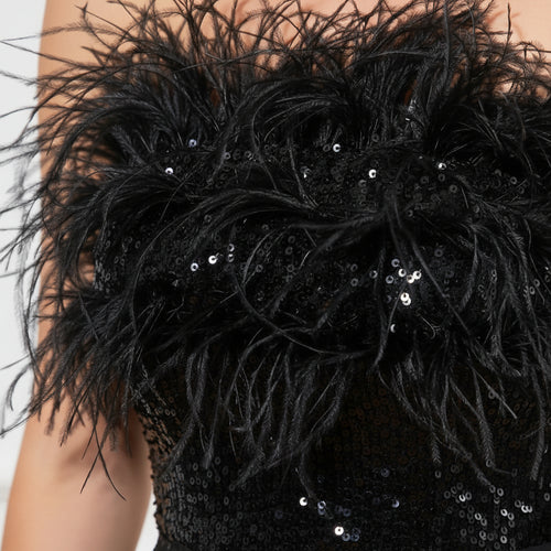 Black Sequined Strapless Feather Dress