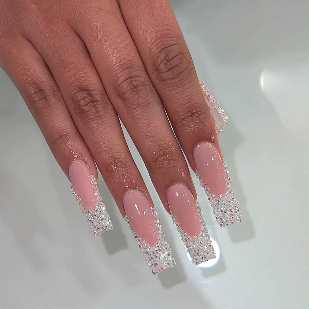 Crystal Glitter French Tip Press-On Nails - 24 Pcs