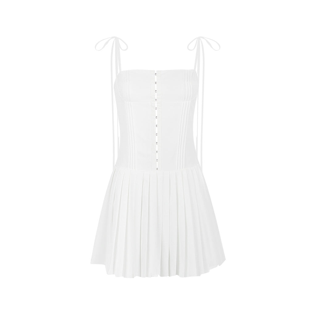 Ivory Pleated Backless Button-Front Mini Dress