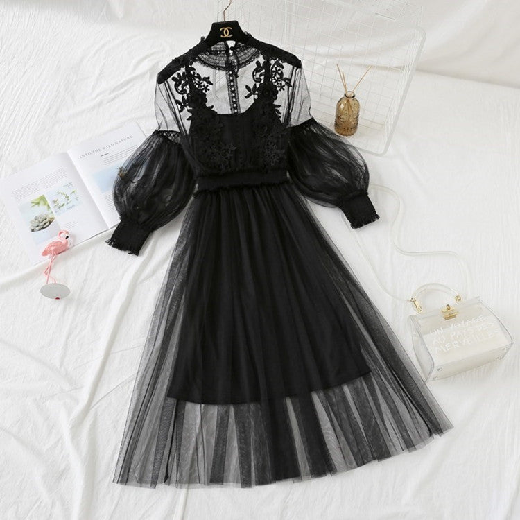 Lace Floral Dress Set with Sheer Lantern Sleeves