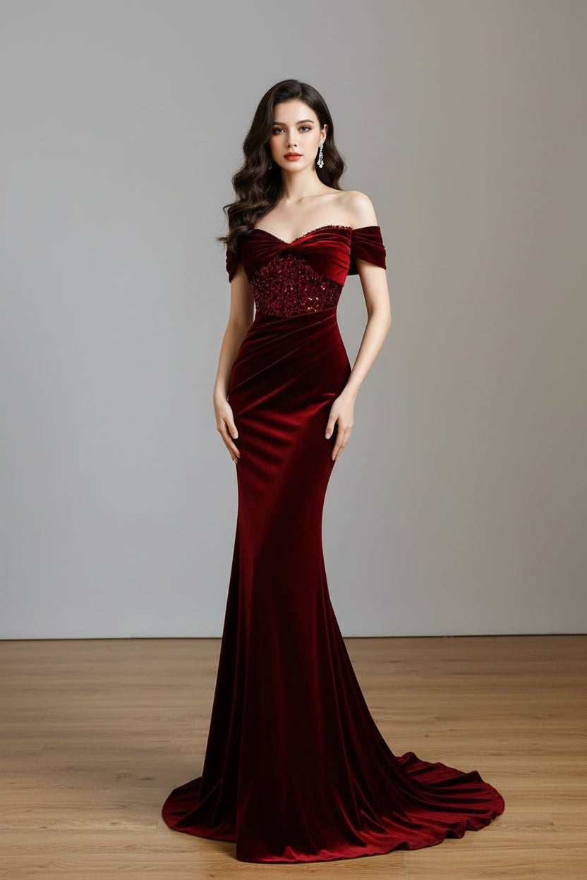 Wine Red Off-Shoulder Velvet Sequins Fishtail Dress