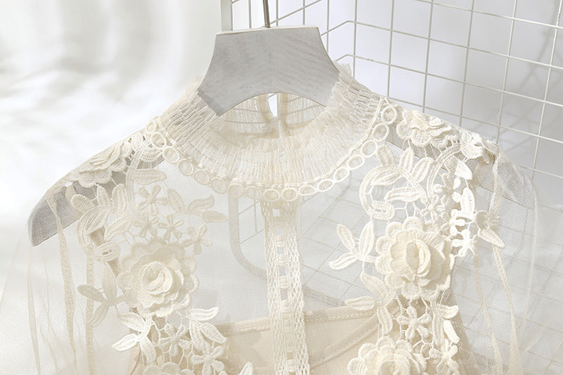 Lace Floral Dress Set with Sheer Lantern Sleeves