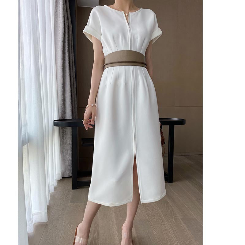 Sculptural Petal-Sleeve Waist-Cinch Midi Dress