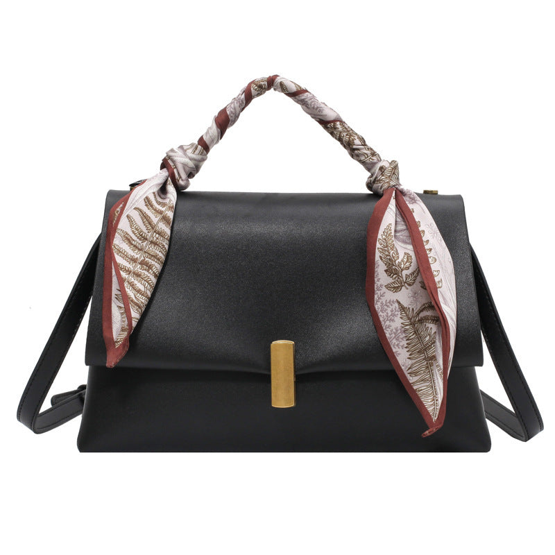 Two-Tone Structured Top Handle Crossbody Bag with Scarf Detail — Tan & Ivory