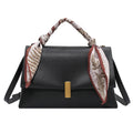 Two-Tone Structured Top Handle Crossbody Bag with Scarf Detail — Tan & Ivory