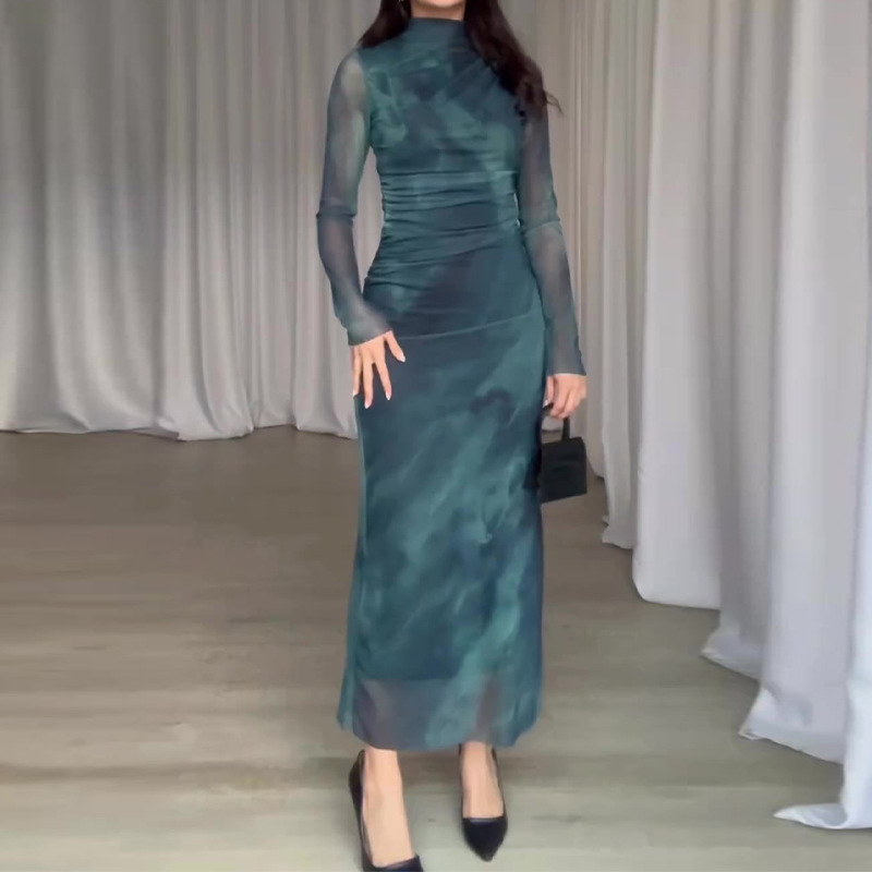 Tie-Dye Mesh Long Sleeve Slim Maxi Dress — Deep Teal